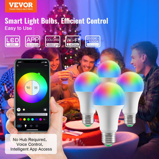 Smart LED Bulbs 4-Pack – 800 Lumens, RGB, Alexa & App Control